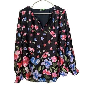 QVC Women’s Black w/Pink Red Blue White Green Floral Print Textured Lined Blouse